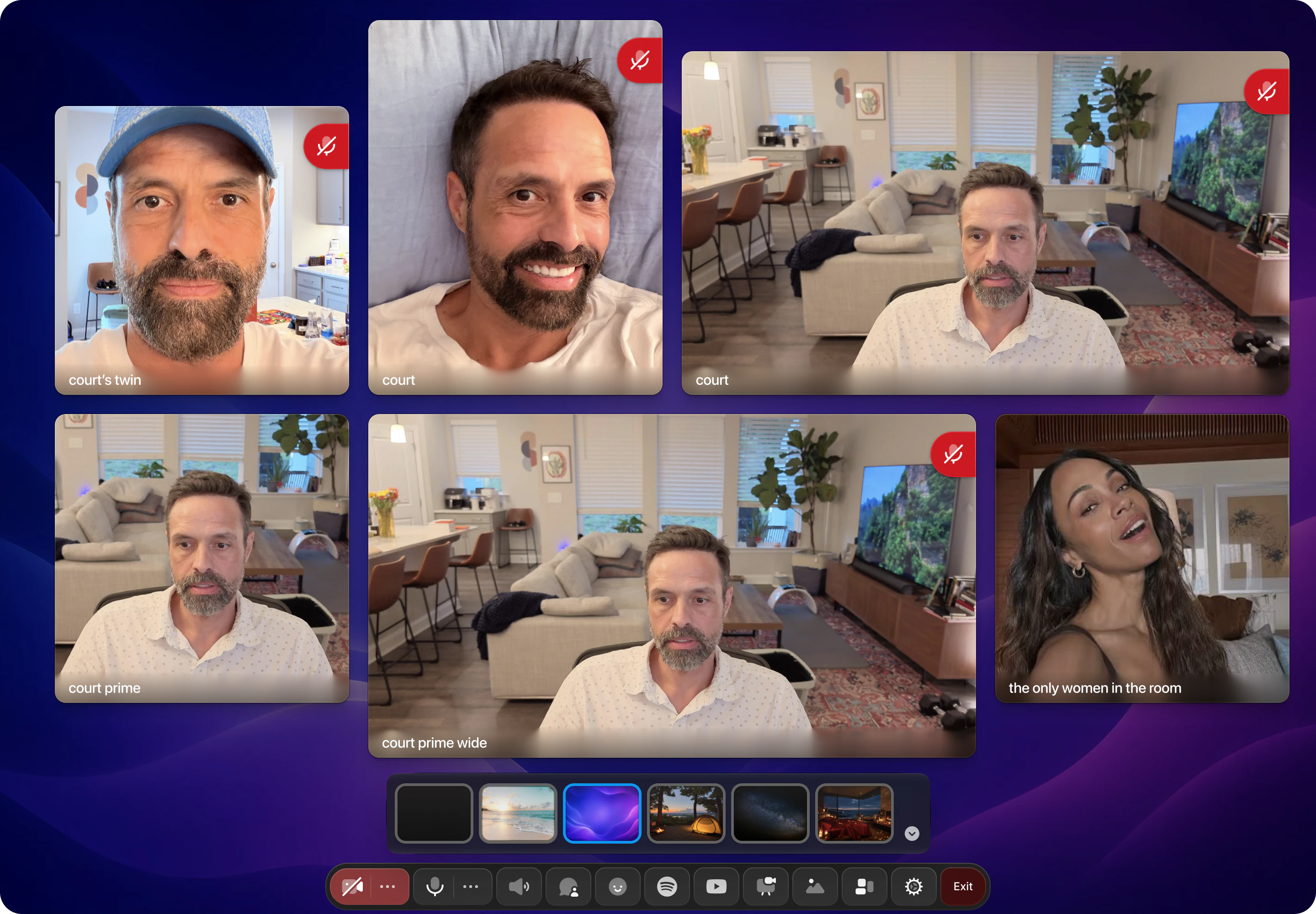 Less Apart showing a six-person video room with wallpaper and sharing controls